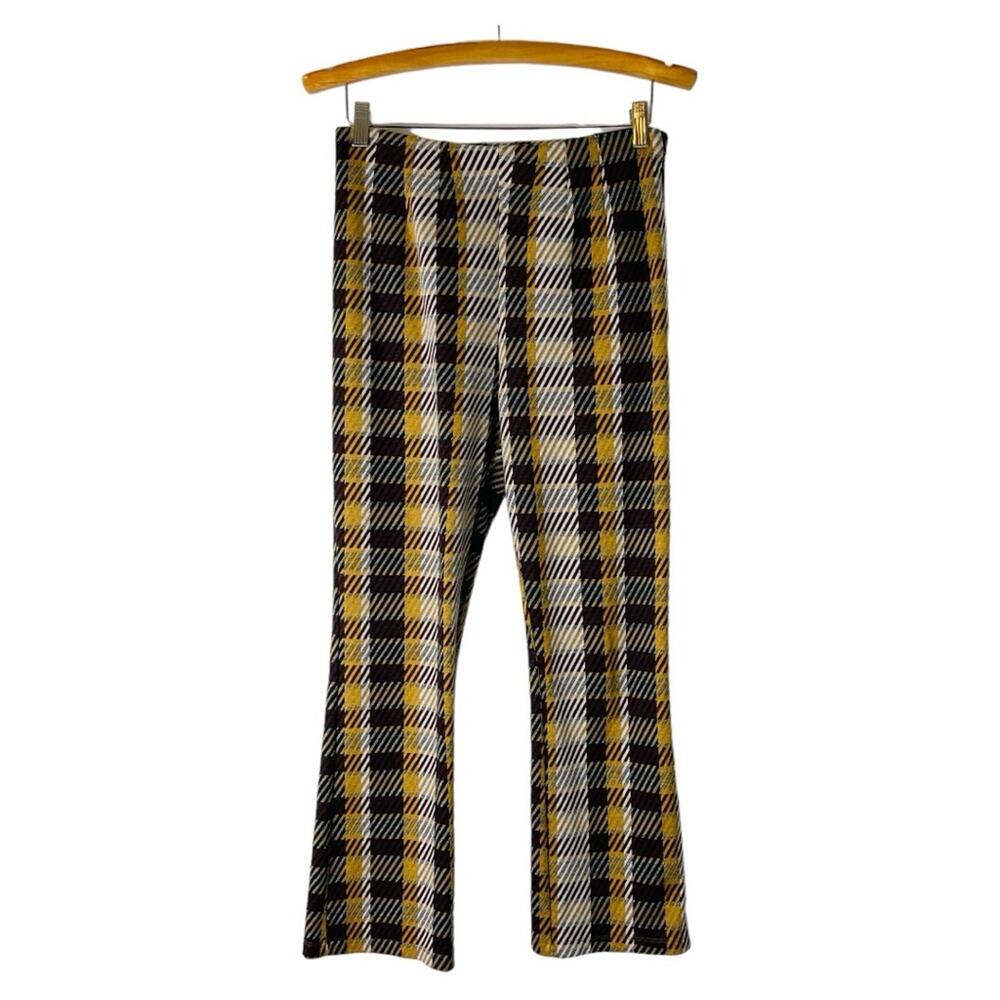 Free People black white burgundy plaid stretch flare crop high waisted pants 8